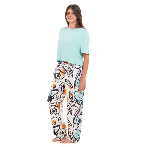Women summer pajama set "Baby Blue Cropped top + Mint Abstract Pattern pants"