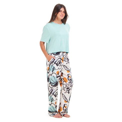 Women summer pajama set "Baby Blue Cropped top + Mint Abstract Pattern pants"