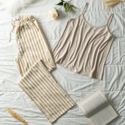 Women summer pajama set "Beige top + Beige striped Pants"