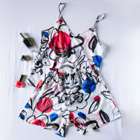 Women summer pajama set "Abstract Red Pattern top + shorts"