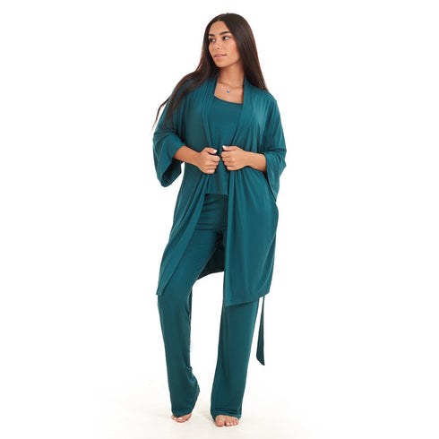 Women summer 3 piece pajama set "Dark green Top + Dark green kimono & Pants"