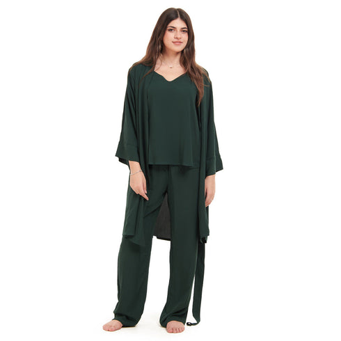 Women summer 3 piece pajama set "Dark Green Top + Dark Green kimono & Pants"