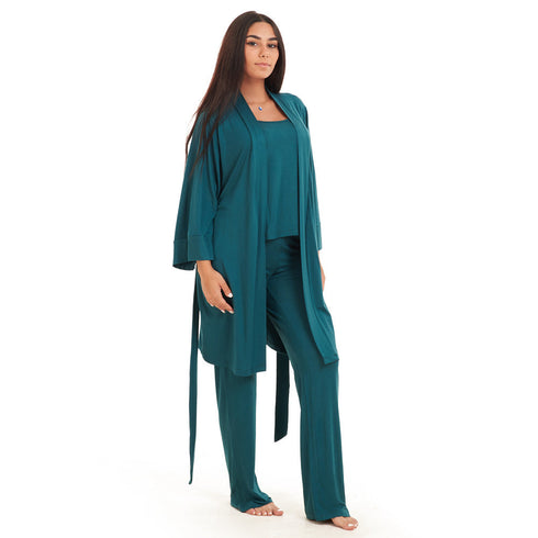Women summer 3 piece pajama set "Dark green Top + Dark green kimono & Pants"