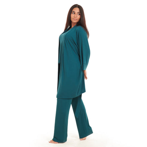 Women summer 3 piece pajama set "Dark green Top + Dark green kimono & Pants"