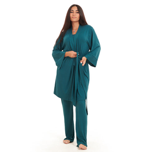 Women summer 3 piece pajama set "Dark green Top + Dark green kimono & Pants"