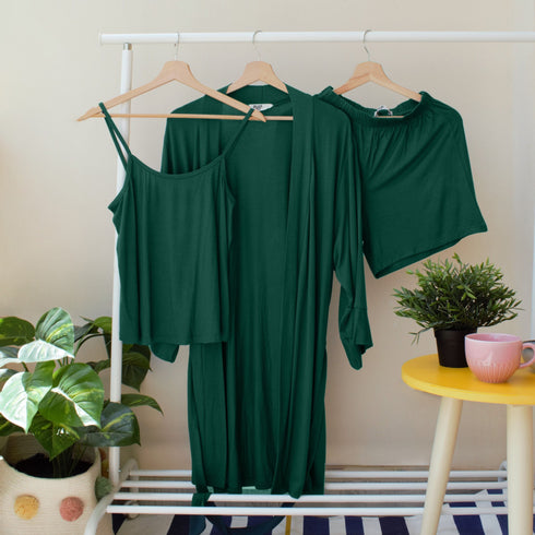 Women summer 3 piece pajama set "Dark green Top +kimono & short"