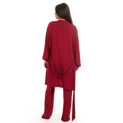 Women summer 3 piece pajama set "Dark red Top + Dark red kimono & Pants"
