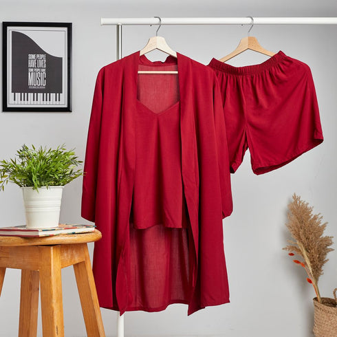 Women summer 3 piece pajama set "Dark red Top +kimono & short"