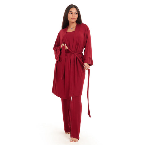 Women summer 3 piece pajama set "Dark red Top + Dark red kimono & Pants"