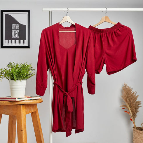 Women summer 3 piece pajama set "Dark red Top +kimono & short"