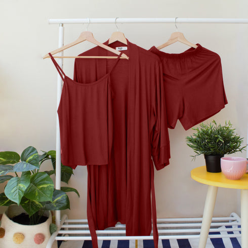 Women summer 3 piece pajama set "Dark red Top +kimono & short"