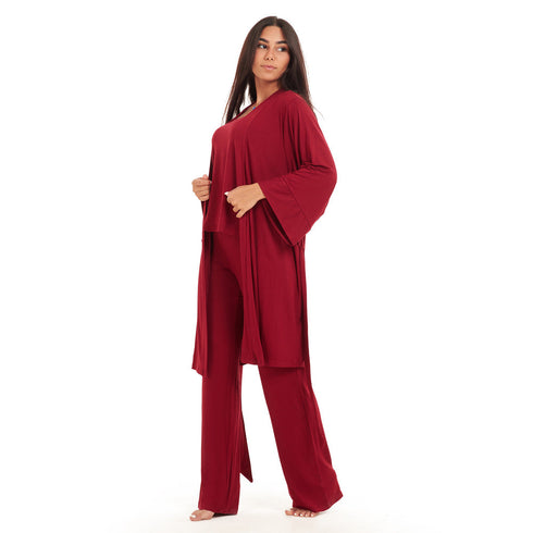Women summer 3 piece pajama set "Dark red Top + Dark red kimono & Pants"