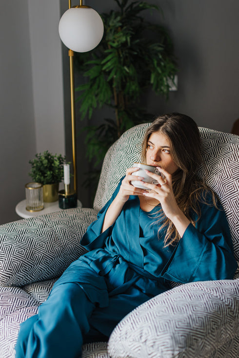 Women summer 3 piece pajama set "Petroleum Top + Petroleum kimono & Pants"