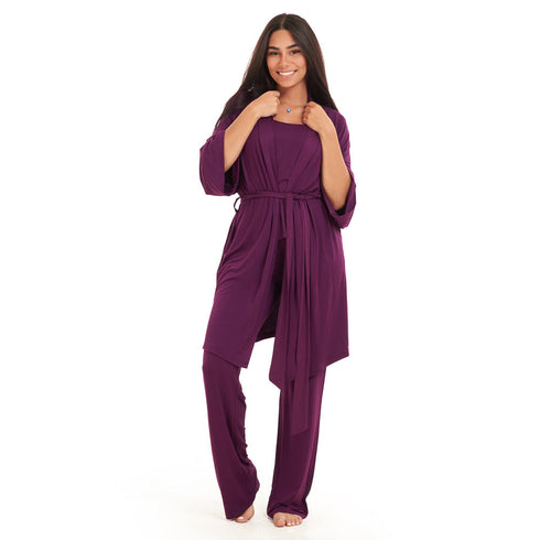 Women summer 3 piece pajama set "Purple Top + Purple kimono & Pants"