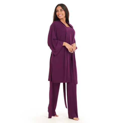 Women summer 3 piece pajama set "Purple Top + Purple kimono & Pants"