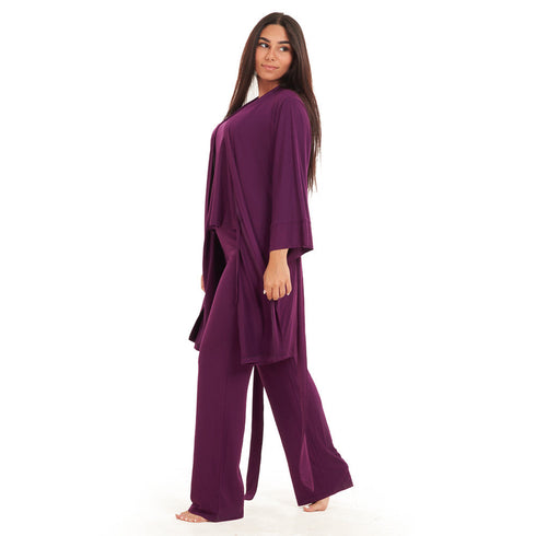 Women summer 3 piece pajama set "Purple Top + Purple kimono & Pants"