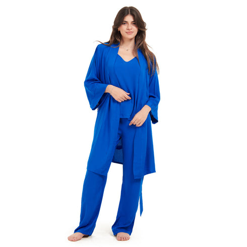 Women summer 3 piece pajama set "Royal Blue Top + Royal Blue kimono & Pants"