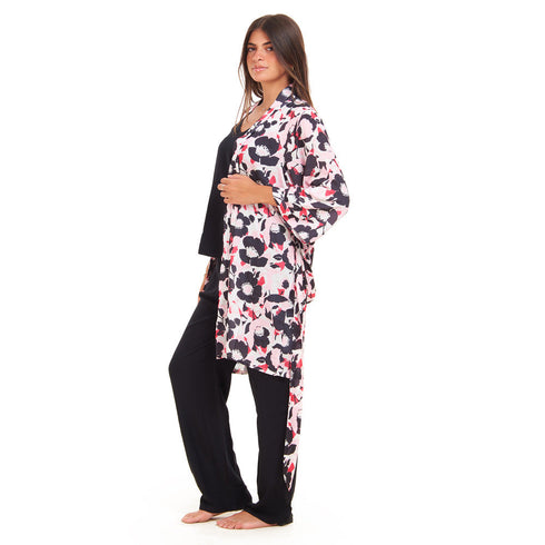 Women summer 3 piece pajama set "Fuchsia x Black floral pattern kimono + Black top & Pants"
