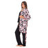 Women summer 3 piece pajama set "Fuchsia x Black floral pattern kimono + Black top & Pants"