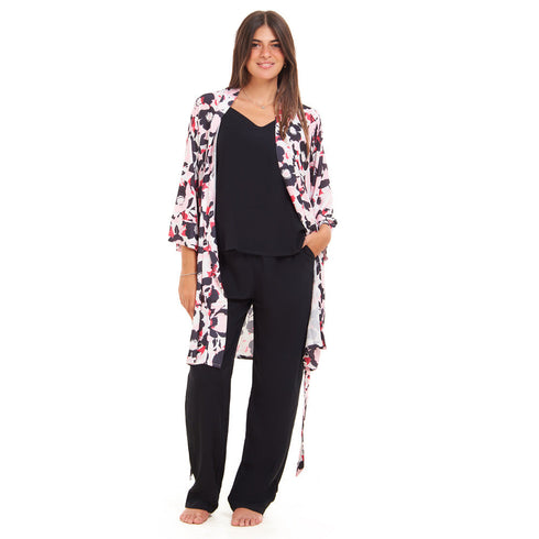 Women summer 3 piece pajama set "Fuchsia x Black floral pattern kimono + Black top & Pants"