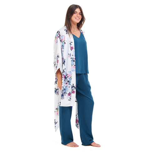Women summer 3 piece pajama set "Floral pattern kimono + Blue top & Pants"