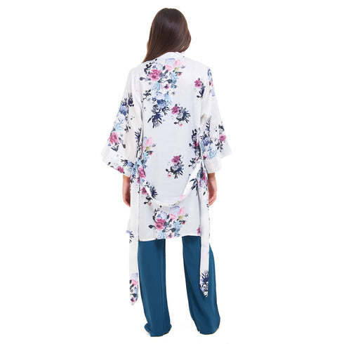 Women summer 3 piece pajama set "Floral pattern kimono + Blue top & Pants"