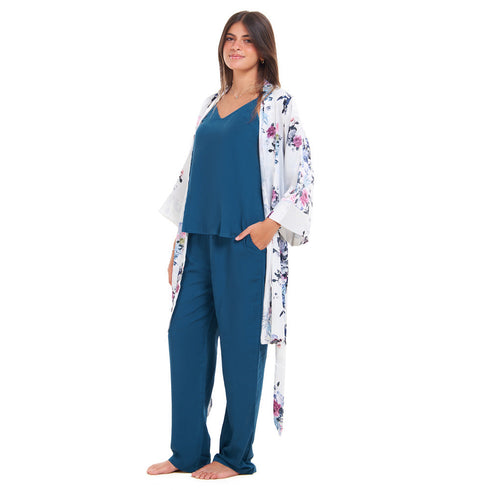 Women summer 3 piece pajama set "Floral pattern kimono + Blue top & Pants"