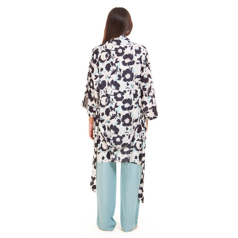 Women summer 3 piece pajama set "Mint x Black Floral pattern kimono + Baby Blue top & Pants"