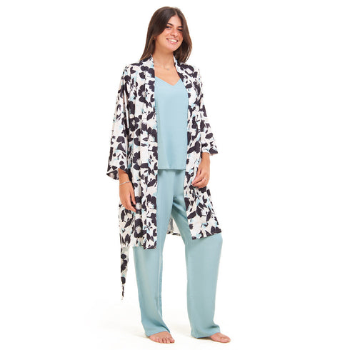 Women summer 3 piece pajama set "Mint x Black Floral pattern kimono + Baby Blue top & Pants"