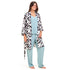 Women summer 3 piece pajama set "Mint x Black Floral pattern kimono + Baby Blue top & Pants"