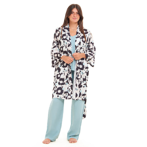 Women summer 3 piece pajama set "Mint x Black Floral pattern kimono + Baby Blue top & Pants"