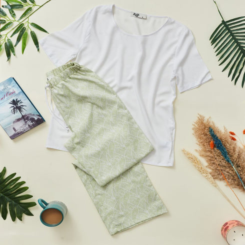 Women summer pajama "White top + Mint leaves pants"