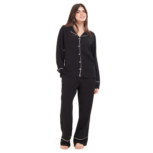 Women summer pajama set "Black buttoned shirt + Pants"