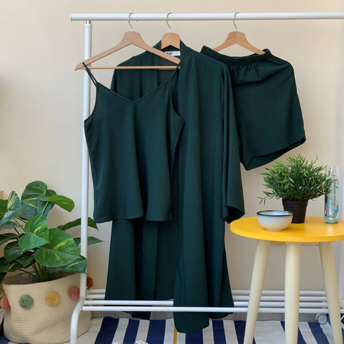 Women summer 3 piece pajama set "Dark green Top +kimono & short"