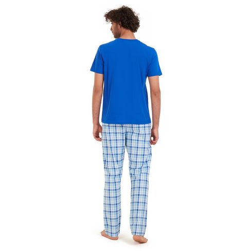 Men summer pajama set "Blue t-shirt + Blue x aqua checkered Pants"