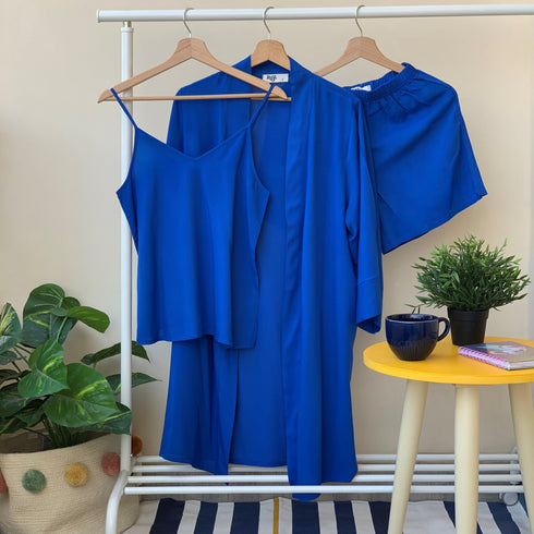 Women summer 3 piece pajama set "Royal blue Top +kimono & short"